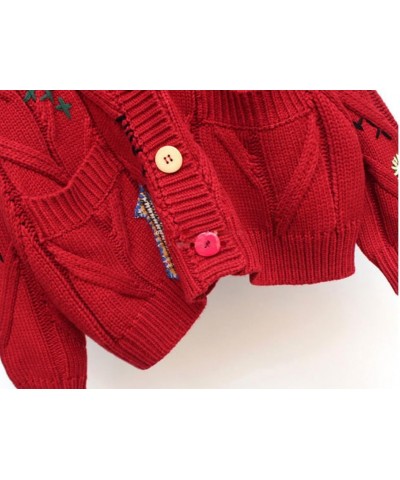 Women's Embroidery Knit Cardigan Open Front Cardigan V Neck Loose Long Sleeve Oversized Button Sweater Coat Outwear Red $19.8...