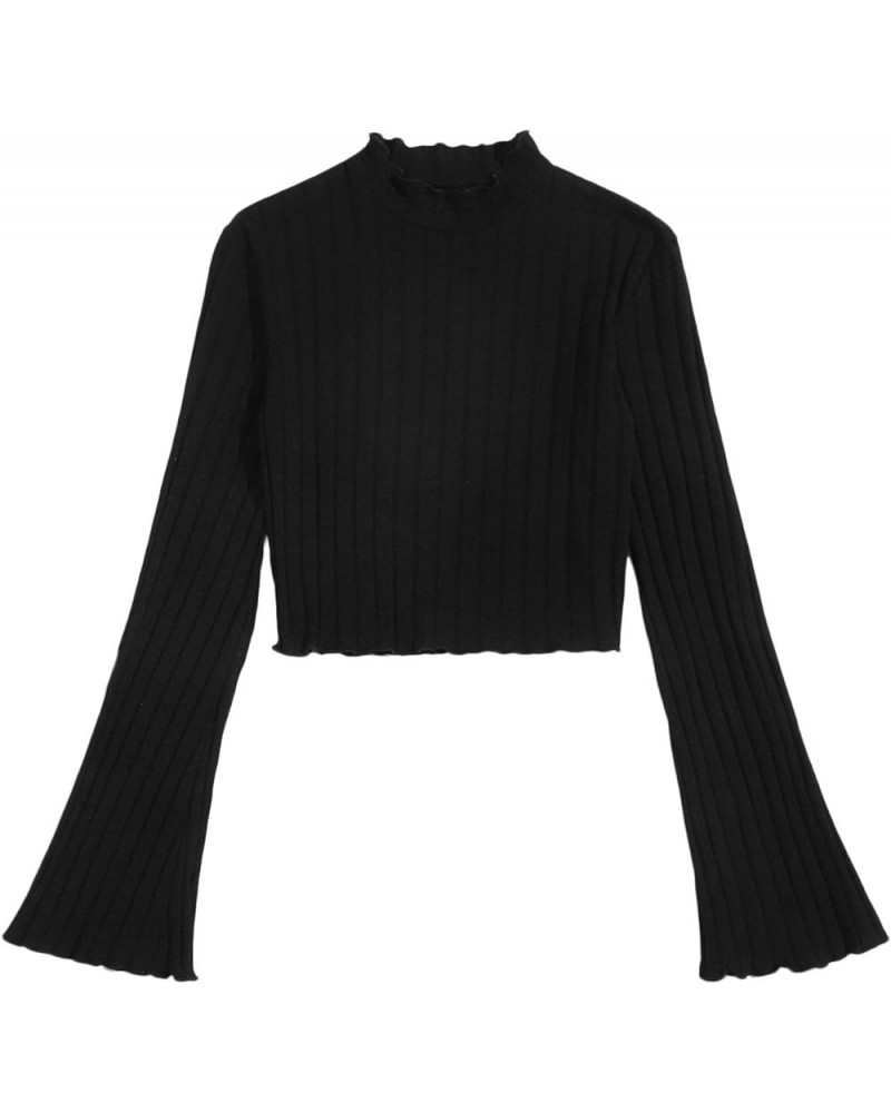 Women's Long Flounce Sleeve Crop Top Stand Collar Ribbed Knit T-Shirt Black $9.89 T-Shirts