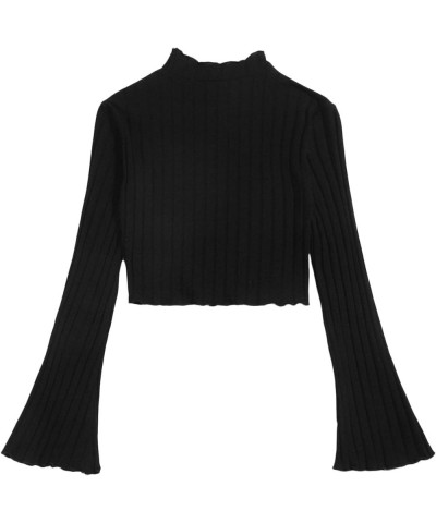 Women's Long Flounce Sleeve Crop Top Stand Collar Ribbed Knit T-Shirt Black $9.89 T-Shirts