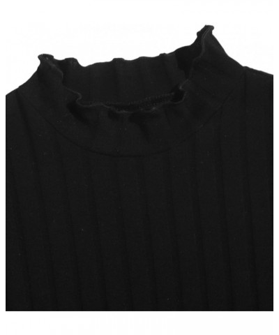 Women's Long Flounce Sleeve Crop Top Stand Collar Ribbed Knit T-Shirt Black $9.89 T-Shirts