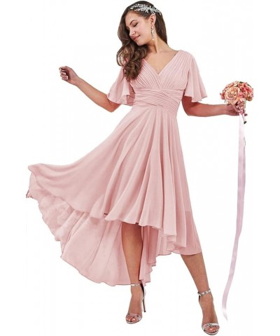 Women's Bridesmaid Dresses Long for Wedding 2023 High Low Ruffle Chiffon Formal Dresses with Pockets Pink $34.96 Dresses