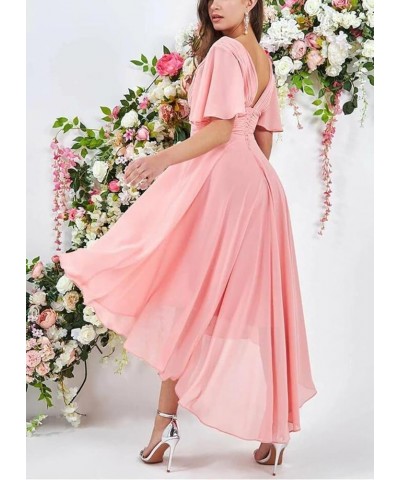 Women's Bridesmaid Dresses Long for Wedding 2023 High Low Ruffle Chiffon Formal Dresses with Pockets Pink $34.96 Dresses