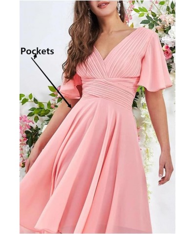 Women's Bridesmaid Dresses Long for Wedding 2023 High Low Ruffle Chiffon Formal Dresses with Pockets Pink $34.96 Dresses