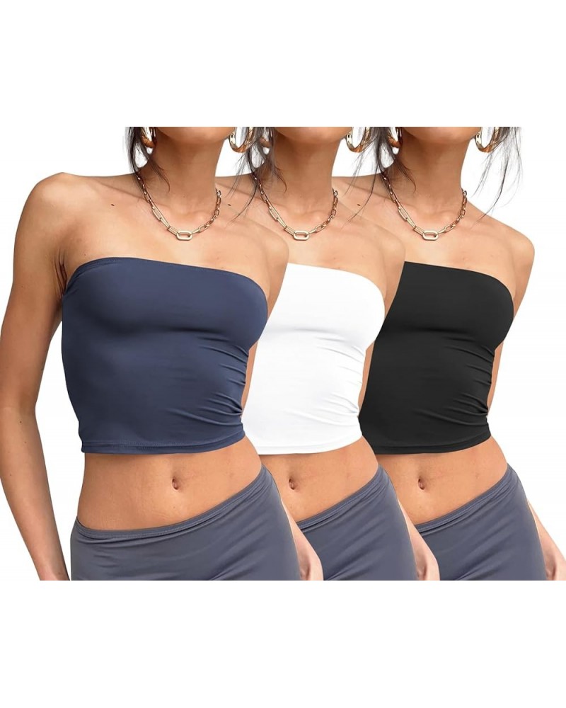 Womens 3 Pack Tube Tops Crop Tops Going Out Strapless Basic Backless Bandeau Bra Summer Outfits 2024 White,black,navy $11.75 ...