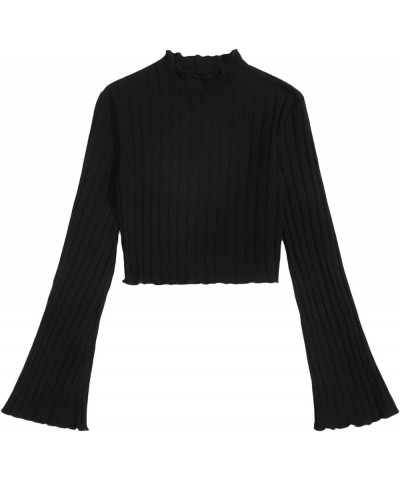 Women's Long Flounce Sleeve Crop Top Stand Collar Ribbed Knit T-Shirt Black $9.89 T-Shirts