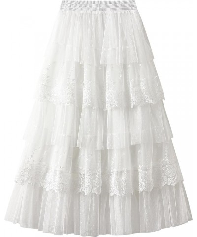 Women's Lace Long Skirts High Waist Ruffle A-Line Layered Tiered Tulle Midi Skirt for Party Club 1 White $11.75 Skirts