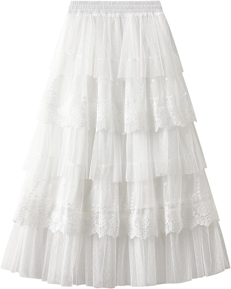 Women's Lace Long Skirts High Waist Ruffle A-Line Layered Tiered Tulle Midi Skirt for Party Club 1 White $11.75 Skirts