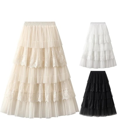 Women's Lace Long Skirts High Waist Ruffle A-Line Layered Tiered Tulle Midi Skirt for Party Club 1 White $11.75 Skirts