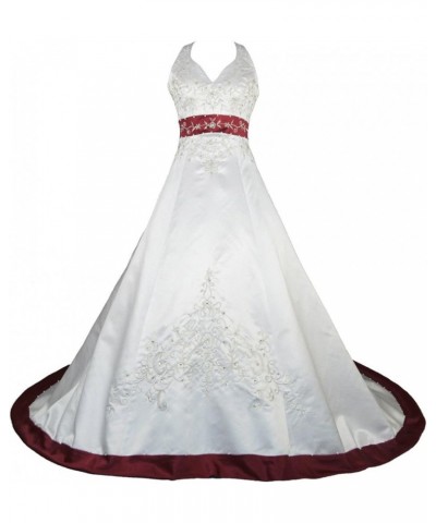 Embroidery Satin Halter Wedding Dress Bridal Gown Ivory and Burgundy $57.62 Dresses