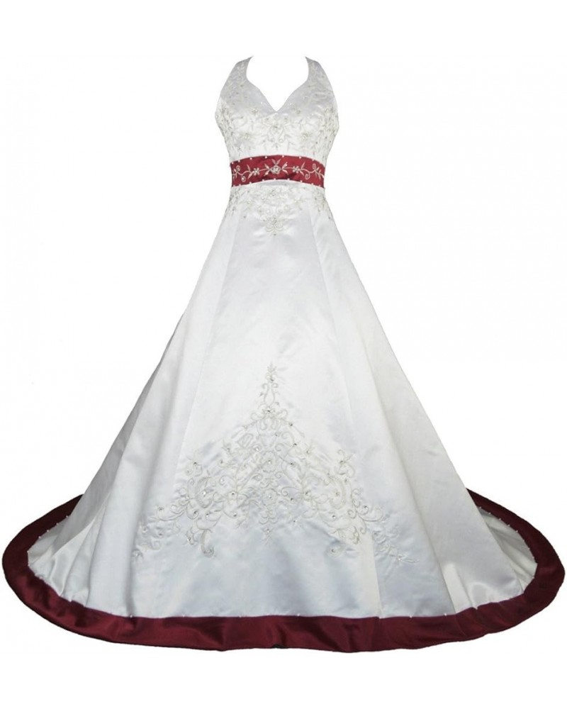 Embroidery Satin Halter Wedding Dress Bridal Gown Ivory and Burgundy $57.62 Dresses