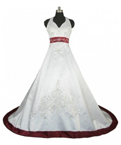 Embroidery Satin Halter Wedding Dress Bridal Gown Ivory and Burgundy $57.62 Dresses