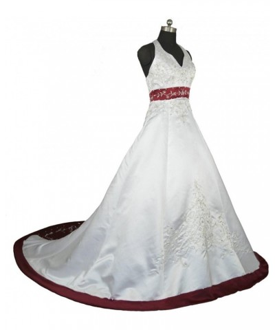 Embroidery Satin Halter Wedding Dress Bridal Gown Ivory and Burgundy $57.62 Dresses