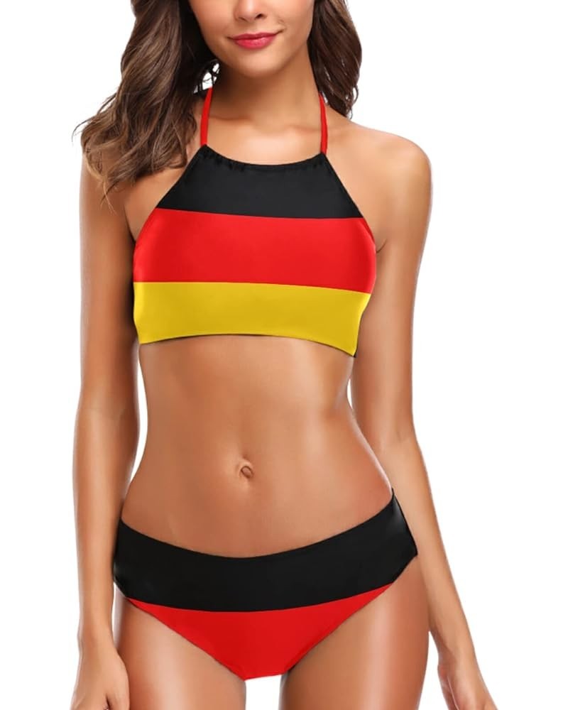 Women's Ethnic Retro Hot Neck Tie Halter 2 Pcs High Waist Push up Swimsuit Bathing Bikini Set for Girls German Flag $16.79 Sw...