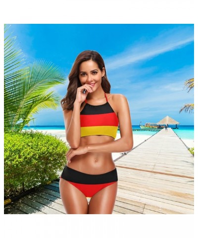 Women's Ethnic Retro Hot Neck Tie Halter 2 Pcs High Waist Push up Swimsuit Bathing Bikini Set for Girls German Flag $16.79 Sw...