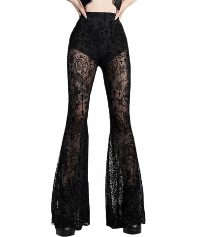 Gothic Black Lace Flare Pants for Women Elastic Waist Victorian Bell Bottoms Mesh Punk Disco Pant C Black $17.99 Leggings