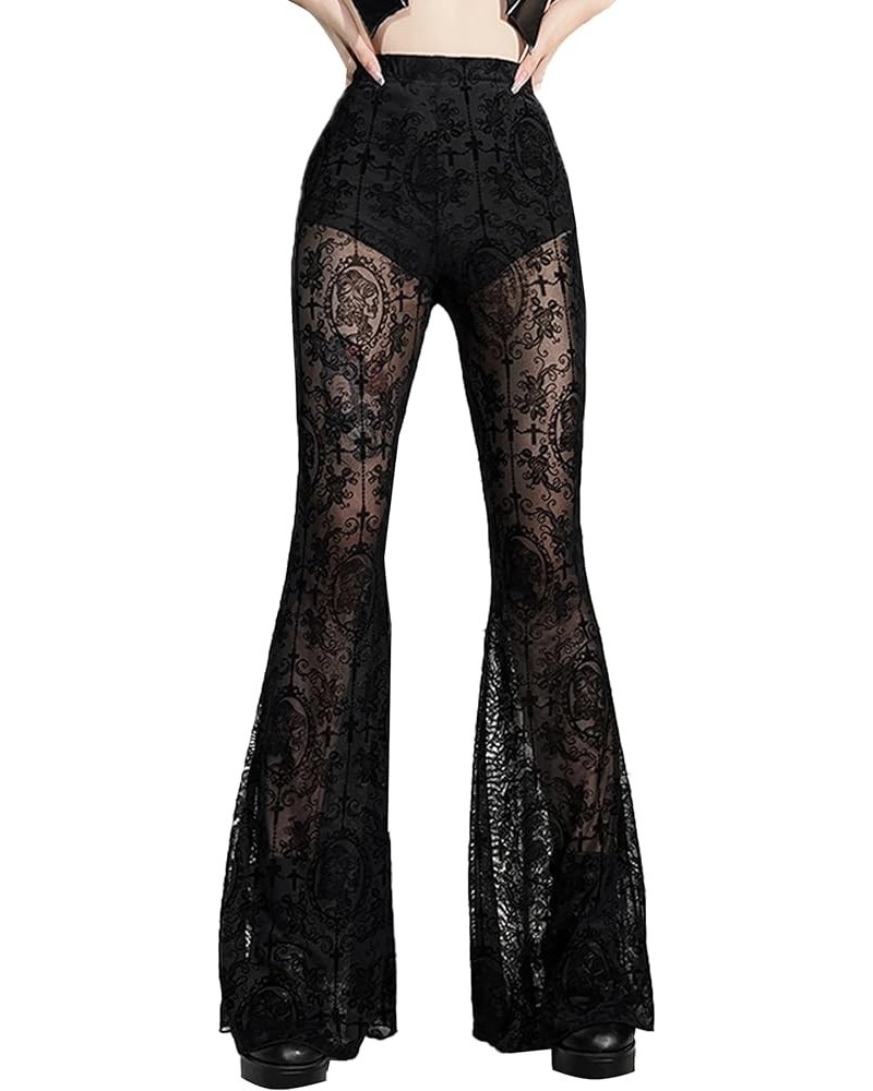 Gothic Black Lace Flare Pants for Women Elastic Waist Victorian Bell Bottoms Mesh Punk Disco Pant C Black $17.99 Leggings