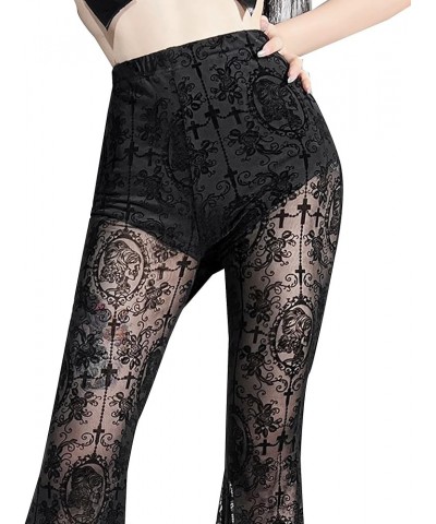 Gothic Black Lace Flare Pants for Women Elastic Waist Victorian Bell Bottoms Mesh Punk Disco Pant C Black $17.99 Leggings