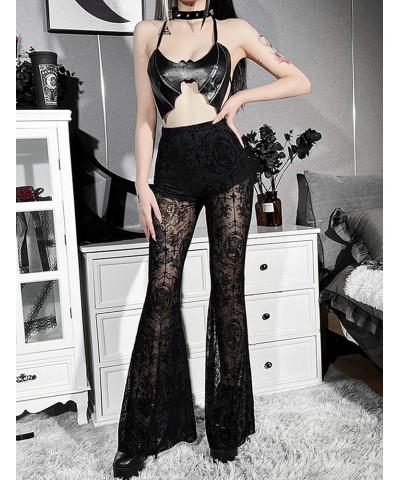 Gothic Black Lace Flare Pants for Women Elastic Waist Victorian Bell Bottoms Mesh Punk Disco Pant C Black $17.99 Leggings