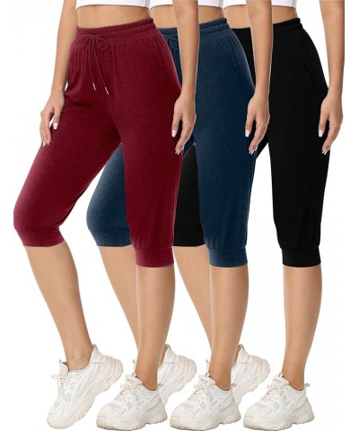 3 Pcs Womens Jogger Sports Capri Sweatpants Drawstring Capris Pants with Pockets Casual Cropped Jogger Pants Black, Wine Red,...