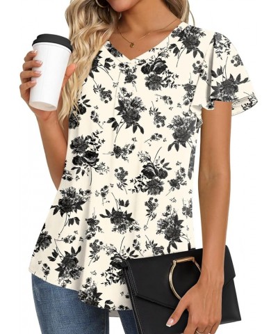 2024 Women's Summer Tunic Tops Short Sleeve Dressy Chiffon Blouses Casual Tshirt for Leggings Black Rose $17.04 Tops