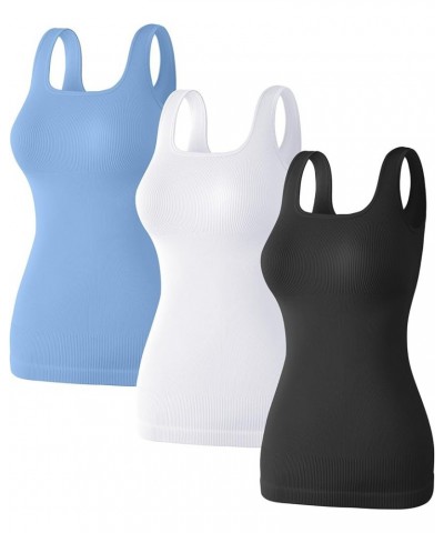 Tank Tops Ribbed Seamless Square Neck Knit Light Compression Workout Summer Yoga Long Sleeveless Tops 03-black Candyblue Whit...