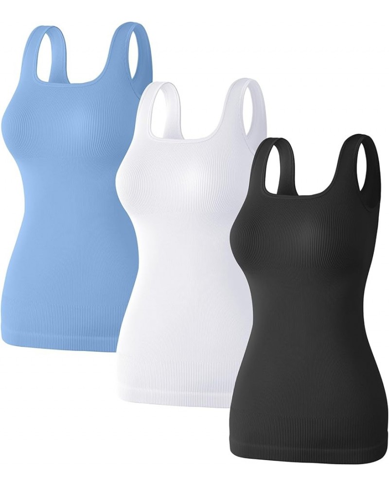 Tank Tops Ribbed Seamless Square Neck Knit Light Compression Workout Summer Yoga Long Sleeveless Tops 03-black Candyblue Whit...