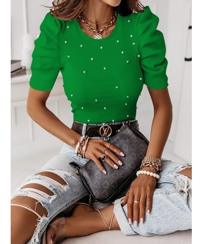 Women's Casual Puff Short Sleeve Top Crewneck Solid Slim Fit T Shirt Blouse T-green $13.71 Blouses