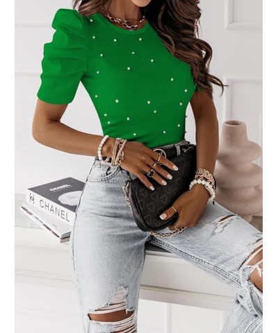 Women's Casual Puff Short Sleeve Top Crewneck Solid Slim Fit T Shirt Blouse T-green $13.71 Blouses