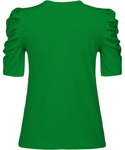 Women's Casual Puff Short Sleeve Top Crewneck Solid Slim Fit T Shirt Blouse T-green $13.71 Blouses