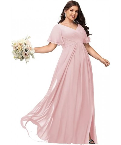 Womens V-Neck Split Bridesmaid Dress Long with Pockets Pleated Chiffon Formal Dress with Short Sleeve BF17 Light Pink $35.35 ...