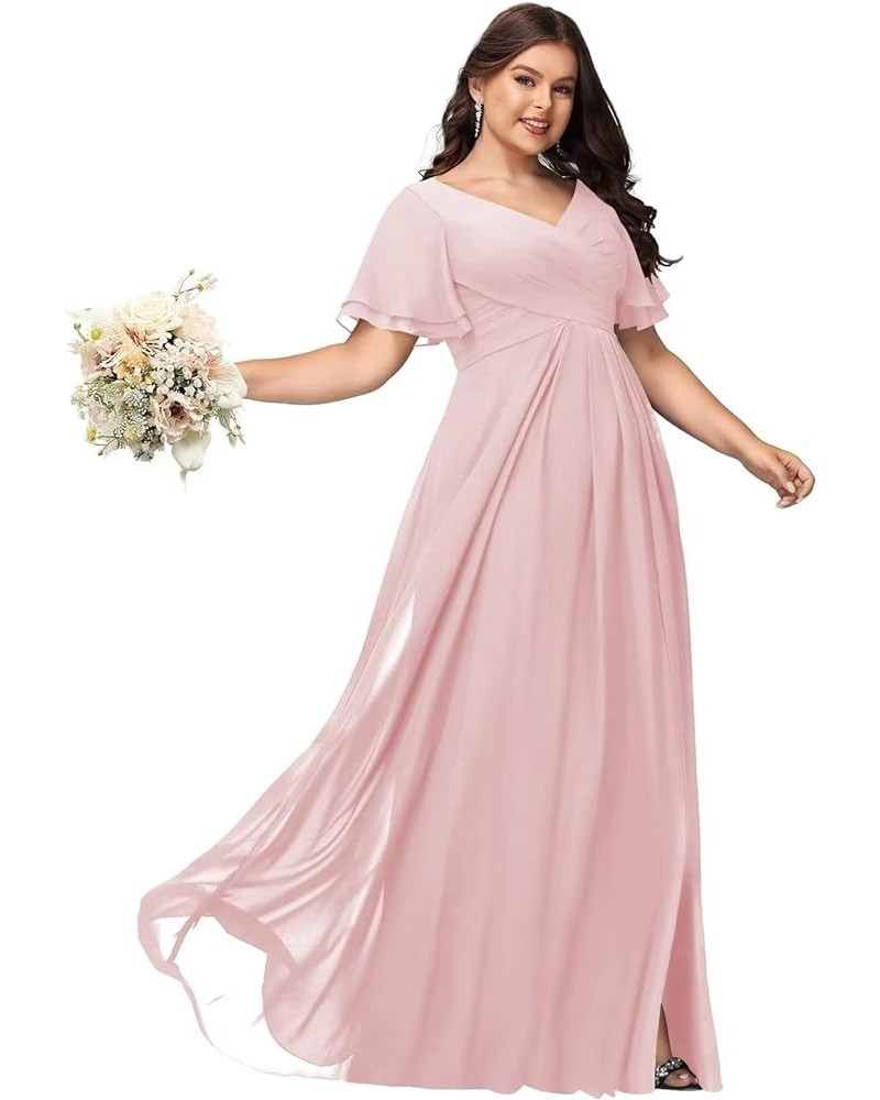 Womens V-Neck Split Bridesmaid Dress Long with Pockets Pleated Chiffon Formal Dress with Short Sleeve BF17 Light Pink $35.35 ...