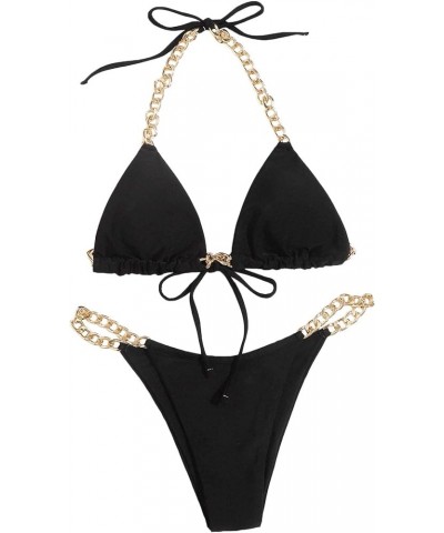 Women's Chain Linked Triangle Bikini Swimsuit High Cut Bathing Suit A Black $10.25 Swimsuits