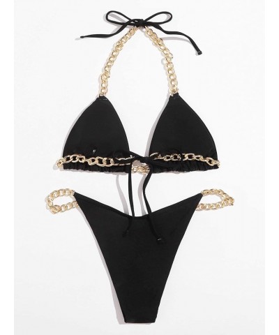 Women's Chain Linked Triangle Bikini Swimsuit High Cut Bathing Suit A Black $10.25 Swimsuits