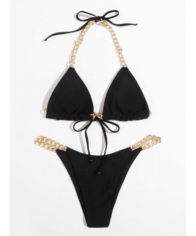 Women's Chain Linked Triangle Bikini Swimsuit High Cut Bathing Suit A Black $10.25 Swimsuits