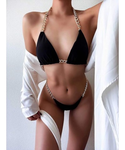 Women's Chain Linked Triangle Bikini Swimsuit High Cut Bathing Suit A Black $10.25 Swimsuits