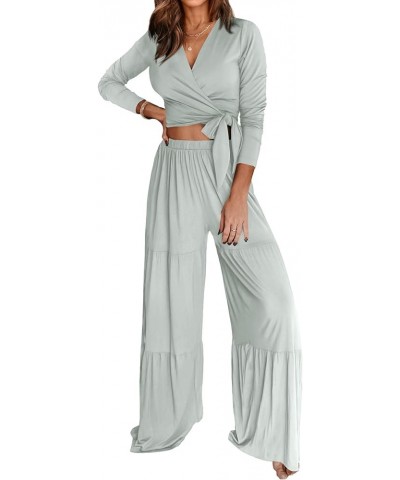 Women's Two Piece Lounge Sets Long Sleeve Wrap Crop Top Wide Leg Palazzo Pants Loungewear Tracksuit Sweatsuit Bean Green $10....