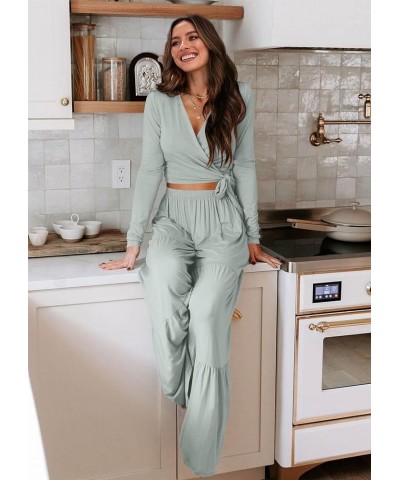 Women's Two Piece Lounge Sets Long Sleeve Wrap Crop Top Wide Leg Palazzo Pants Loungewear Tracksuit Sweatsuit Bean Green $10....