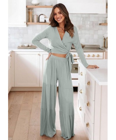 Women's Two Piece Lounge Sets Long Sleeve Wrap Crop Top Wide Leg Palazzo Pants Loungewear Tracksuit Sweatsuit Bean Green $10....