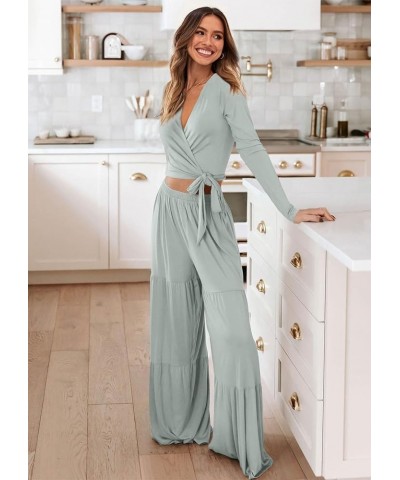 Women's Two Piece Lounge Sets Long Sleeve Wrap Crop Top Wide Leg Palazzo Pants Loungewear Tracksuit Sweatsuit Bean Green $10....