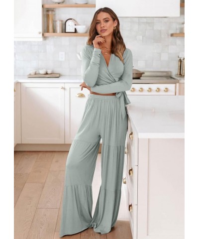 Women's Two Piece Lounge Sets Long Sleeve Wrap Crop Top Wide Leg Palazzo Pants Loungewear Tracksuit Sweatsuit Bean Green $10....