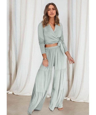 Women's Two Piece Lounge Sets Long Sleeve Wrap Crop Top Wide Leg Palazzo Pants Loungewear Tracksuit Sweatsuit Bean Green $10....