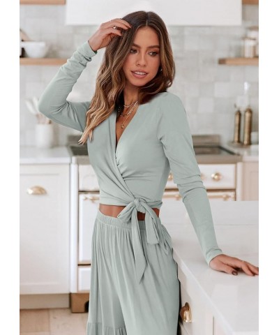 Women's Two Piece Lounge Sets Long Sleeve Wrap Crop Top Wide Leg Palazzo Pants Loungewear Tracksuit Sweatsuit Bean Green $10....