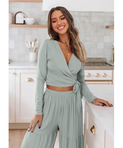 Women's Two Piece Lounge Sets Long Sleeve Wrap Crop Top Wide Leg Palazzo Pants Loungewear Tracksuit Sweatsuit Bean Green $10....