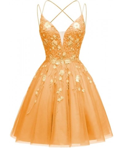 Floral Tulle Homecoming Dresses Sparkly Sequin Applique Short Prom Dress Spaghetti Straps V Neck Formal Gowns Orange $40.80 D...