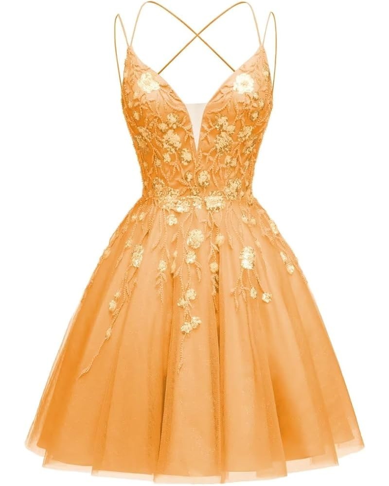 Floral Tulle Homecoming Dresses Sparkly Sequin Applique Short Prom Dress Spaghetti Straps V Neck Formal Gowns Orange $40.80 D...