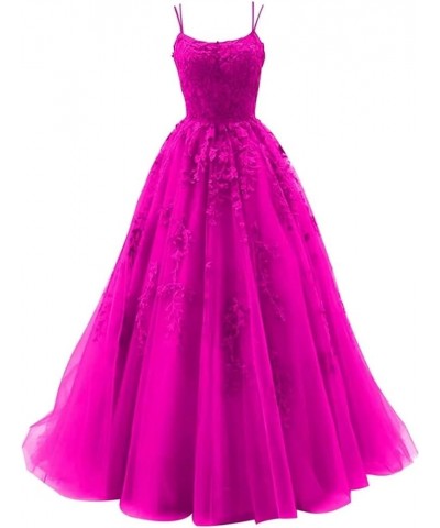 Women's Spaghetti Straps Tulle Ball Gown Long Lace Appliques Prom Dresses Hot Pink $48.22 Dresses