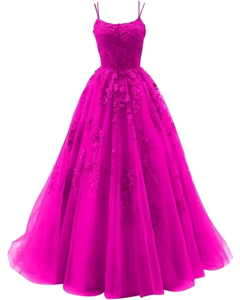 Women's Spaghetti Straps Tulle Ball Gown Long Lace Appliques Prom Dresses Hot Pink $48.22 Dresses