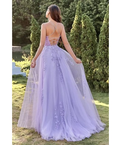 Women's Spaghetti Straps Tulle Ball Gown Long Lace Appliques Prom Dresses Hot Pink $48.22 Dresses