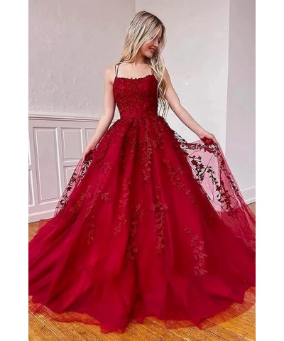 Women's Spaghetti Straps Tulle Ball Gown Long Lace Appliques Prom Dresses Hot Pink $48.22 Dresses