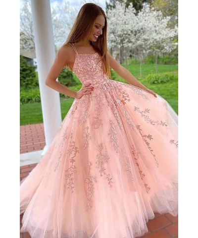 Women's Spaghetti Straps Tulle Ball Gown Long Lace Appliques Prom Dresses Hot Pink $48.22 Dresses